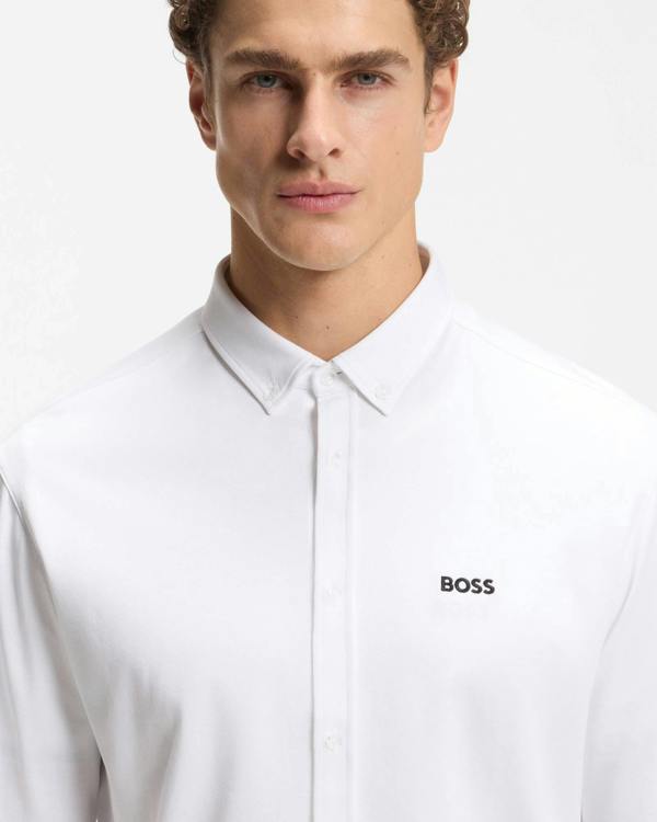 BOSS Green ST Motion Mens Long Sleeve shirt in cotton jersey with natural stretch - White 100 | CHO | Designer Mens,Shirts,Long Sleeve