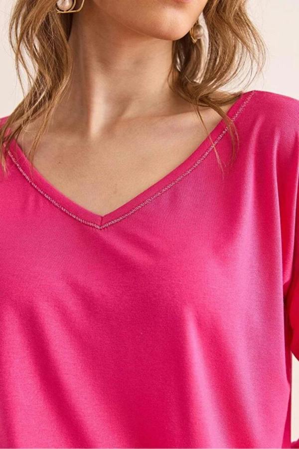 Hoxton Gal V-Neck Viscose Blouse with Silver Stitching Details