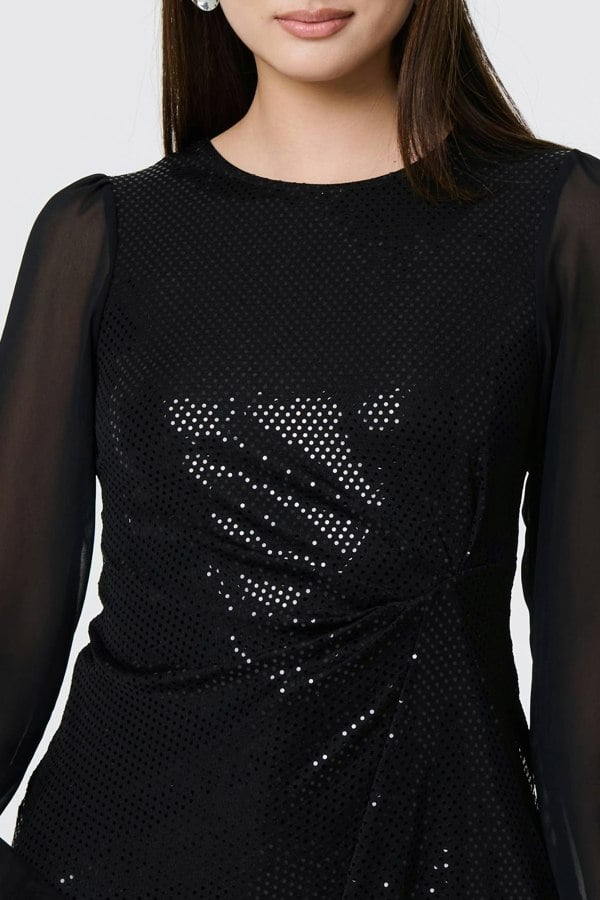 Black | Semi Sheer Sparkly Long Sleeve Blouse
