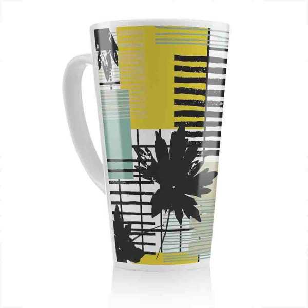 Benjamin Tate Design Geometric Shape & Leaf Print In Yellow & Green Latte Mug