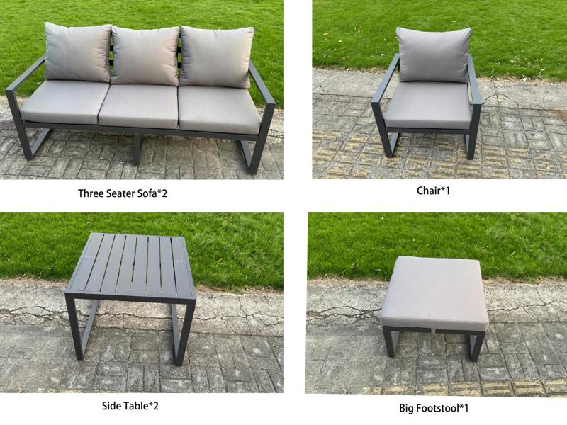 Fimous Aluminium Garden Furniture 8 Seater Outdoor Sofa Dining Set with Adjustable Rising Lifting Dining Table 2 Side Tables Big Footstool Dark Grey