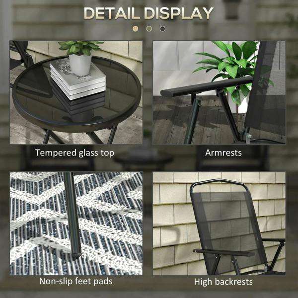 Patio set details: tempered glass-top table, chairs with armrests, non-slip feet pads