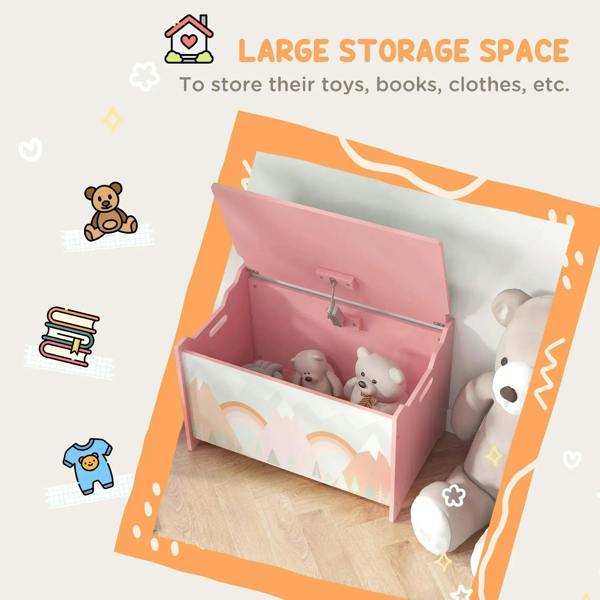 Pink kids toy box open with large storage space, front rainbow forest design