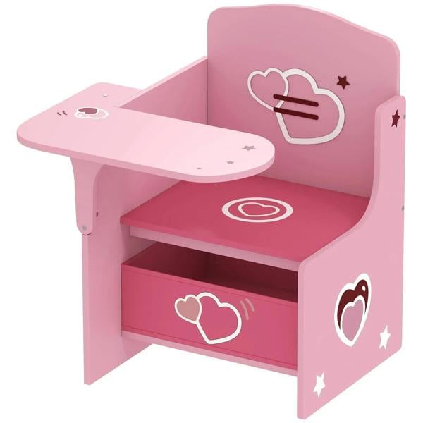 Pink kids desk and chair set with front storage bin and heart cloud decals