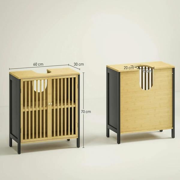 Under sink cabinet dimensions view: bamboo slatted door, natural finish, black sides and legs