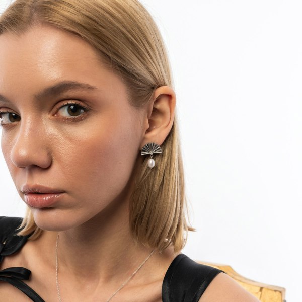 Spero London Fine Diamond Sterling Silver Pearl Drop Fan Earrings