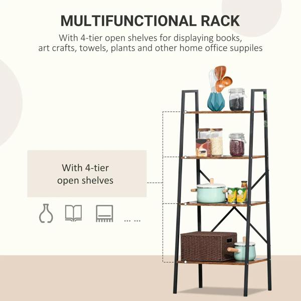 4-tier open ladder shelf with black metal frame and brown shelves for books and storage.