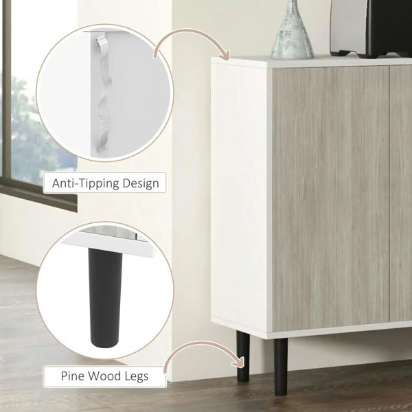 Sideboard cabinet with anti-tipping base and pine wood legs, four-door front