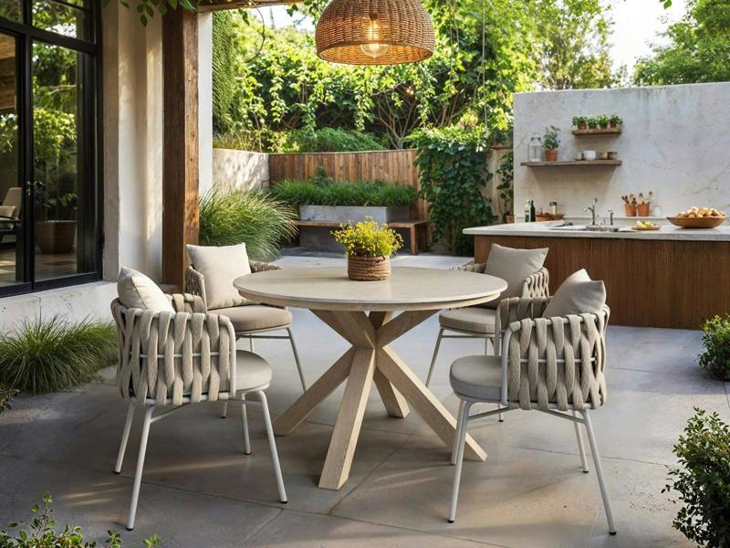 Florence Round Garden Stone Dining Table with 4 Louisa Chairs Beige