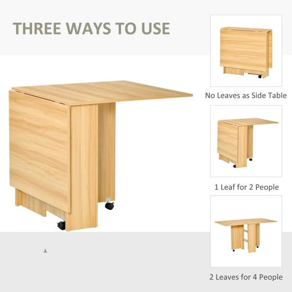 Teak drop-leaf folding table shown in different leaf positions with storage cabinet base