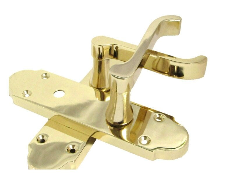 EDH Door Hardware Brass Finish Epsom Victorian Scroll on Shaped Back Plate Lock Door Handle