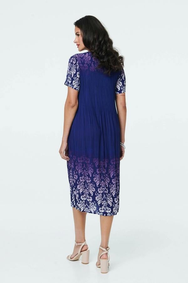 Navy | Border Print Pleat Texture Midi Dress