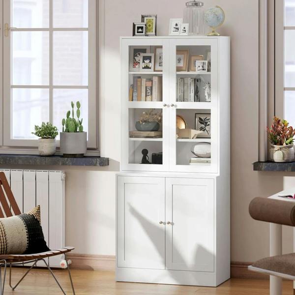 White cabinet bookcase with glass doors showing shelves and lower cupboard doors