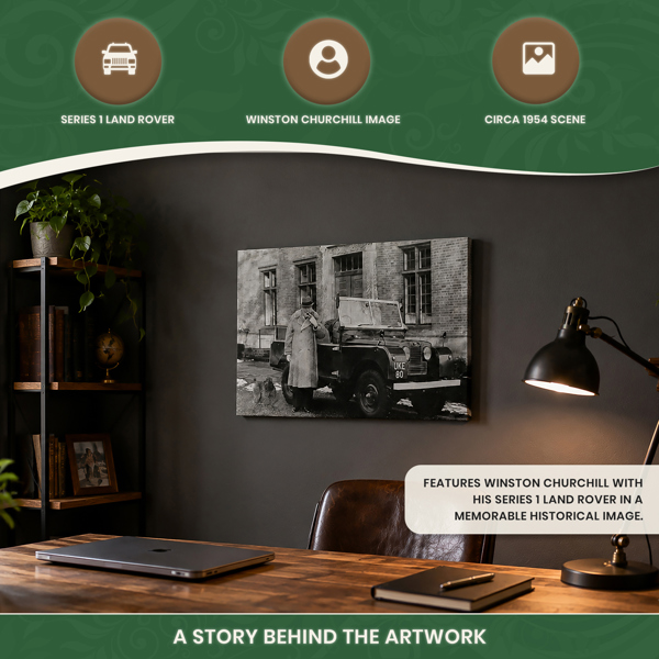 Churchill with Series 1 Land Rover Canvas Print (c.1954), Black and White Wall Art on Wooden Frame, Indoor Use Only