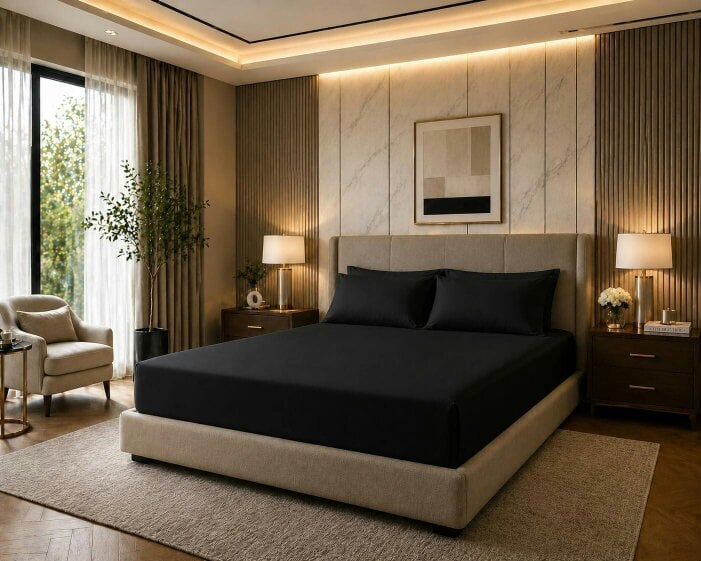 Night Zone 180 Thread Count Percale Extra Deep Fitted Sheet 40cm – Non Iron Polycotton Bed Sheet - Black