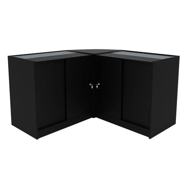 Black Hera LED shop counter set featuring sleek glass tops, modern design, and spacious storage compartments for retail displays
