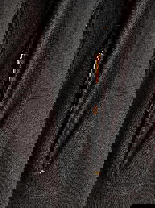 JCB Crew Trade Mens Work Pull Over Sweat Shirt, close-up of black fleece fabric with front zipper and yellow zipper pull.