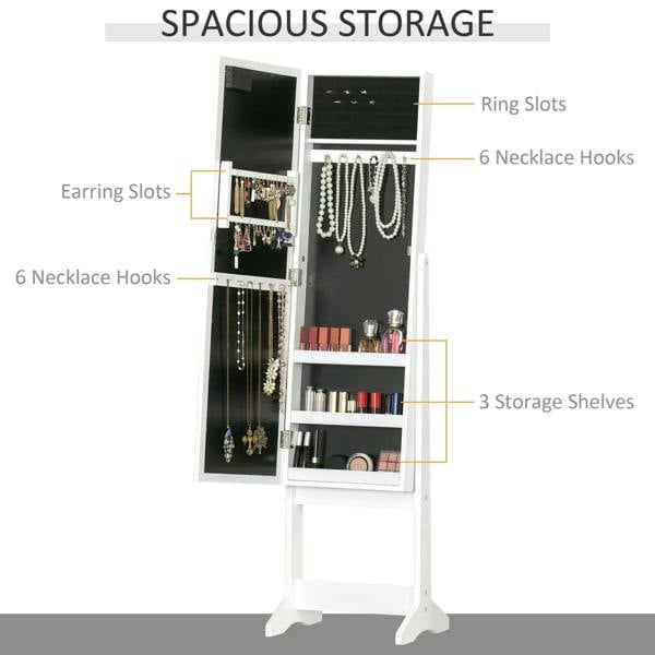 White LED mirrored jewelry cabinet with ring slots, necklace hooks, and three interior storage shelves
