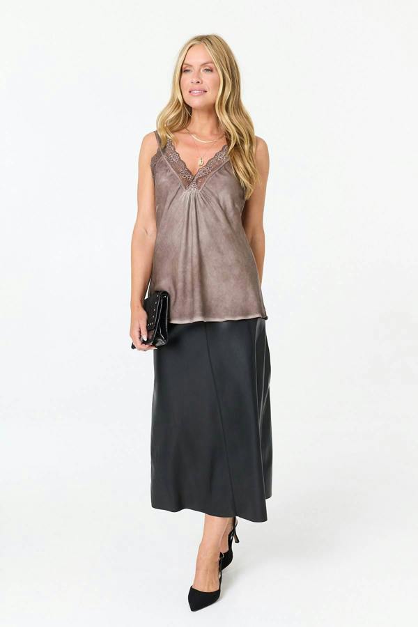Brown | Lace Trim Satin Texture Vest Top