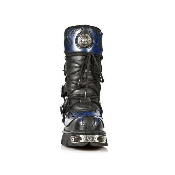 New Rock Unisex Black/Blue Leather Gothic Biker Skull Boots-107-C5