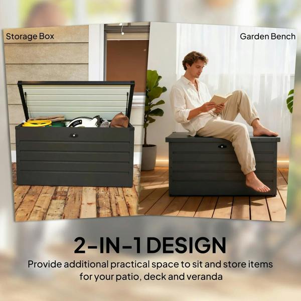 Dark grey steel garden storage box with open lid and ribbed interior base