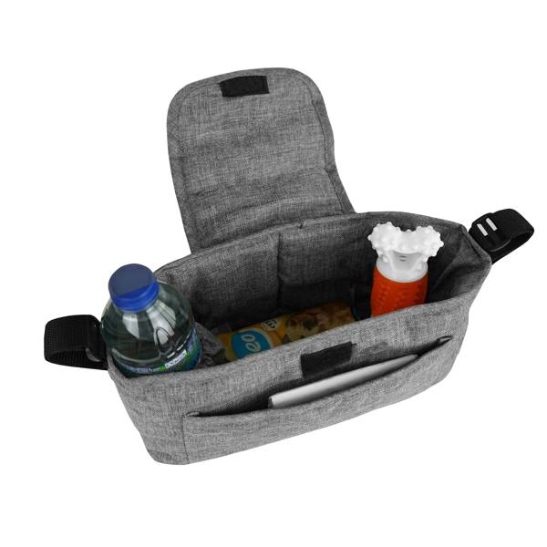 Grey pet jogger storage bag with compartments for water bottle, snacks, and toys, featuring a soft fabric and adjustable straps