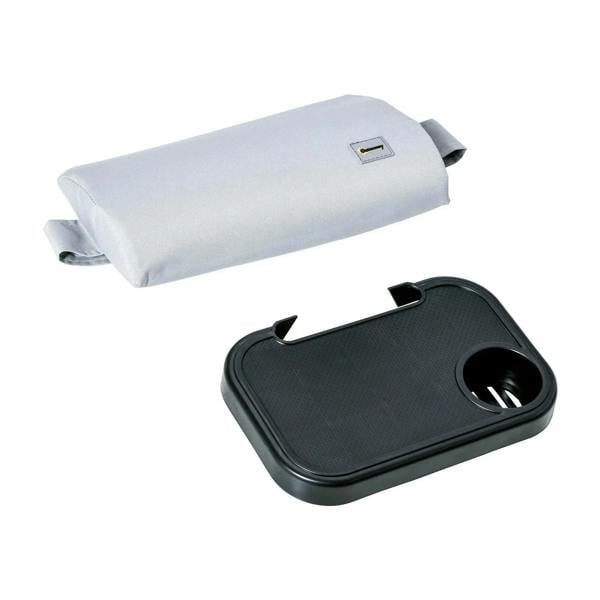 Light grey cushion and black holding tray with cup holder for lounge chair
