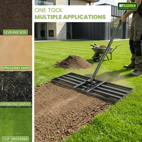 My Garden Outdoor Living My Garden Levelling Rake 1.57M - Foldable Garden Soil Leveling Rake with Tiltable Handle - 76 x 25cm Steel Leveller Tool