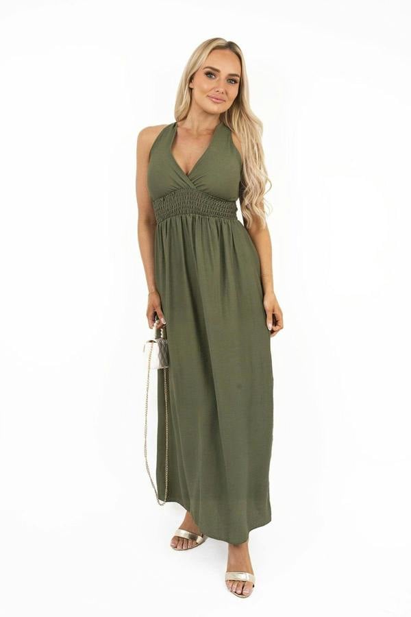 Talina Cross Back Maxi Dress With Ruched Waist - Khaki