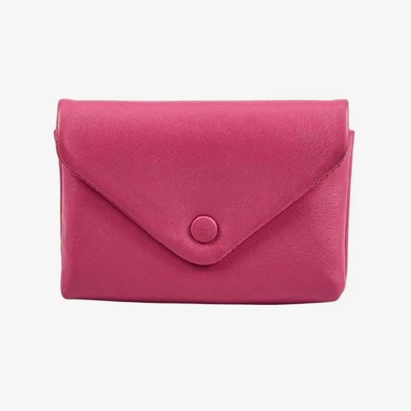 Pink leather envelope coin purse for women with press stud flap