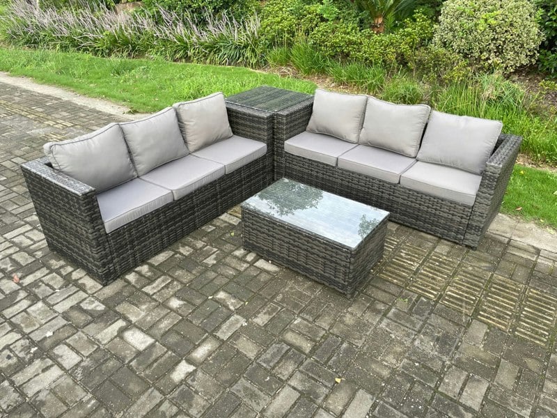Fimous 6 Seater Rattan Garden Furniture Set Outdoor Patio Sofa Set with Oblong Coffee Table Side Table Dark Grey Mixed
