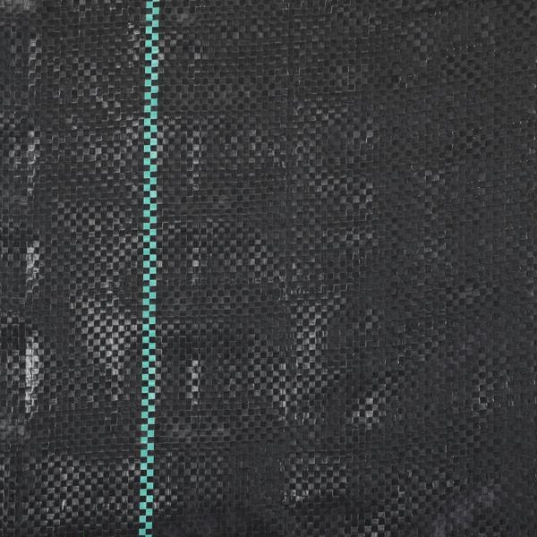 Close-up of black weed control membrane fabric weave, teal edge stitch detail visible