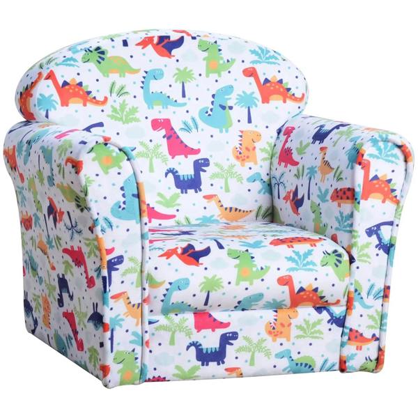 Kids flannel tub chair with colorful dinosaur pattern, rounded arms, cushioned seat and back