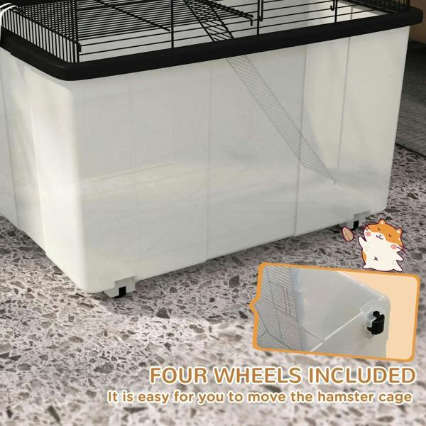Deep plastic hamster cage base with black wheels and wire upper enclosure