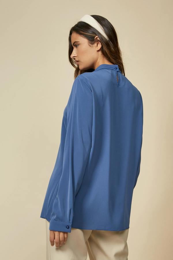 Hoxton Gal Oversized High Neck Top with Brooch Details in Blue