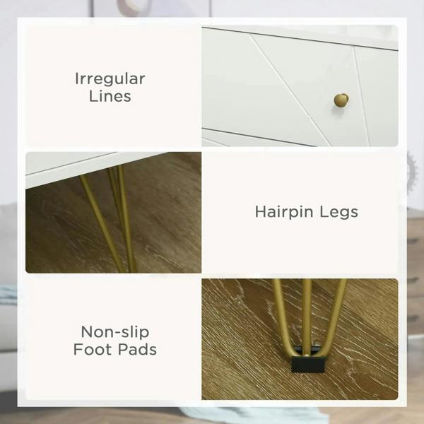 White 4-drawer dresser detail collage: irregular lines, hairpin legs, non-slip foot pads.