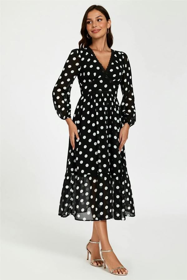 FS Collection Dot Print Lace Trim Long Sleeve Maxi Dress In Black
