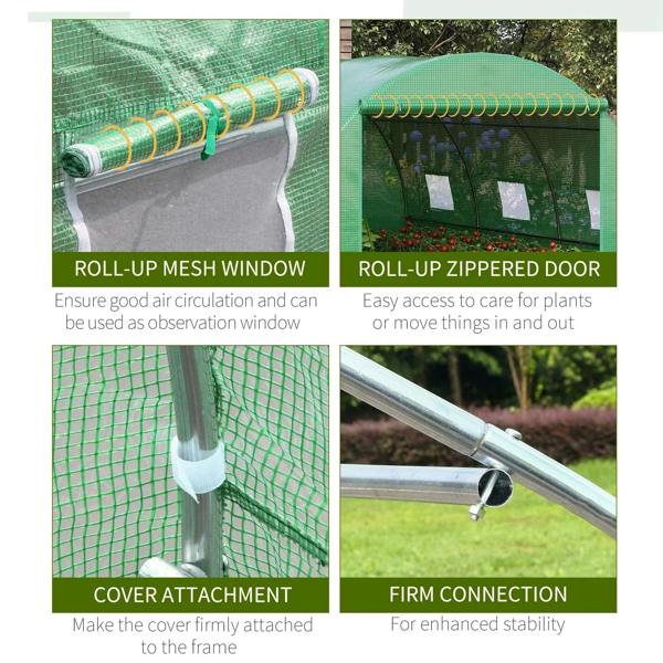 Green polytunnel greenhouse fabric features: roll-up mesh window and zippered door