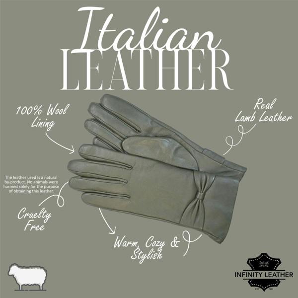 Infinity Leather Womens Italian Leather Winter Bow Design Soft Wool Lining Gloves - L-GLV-401