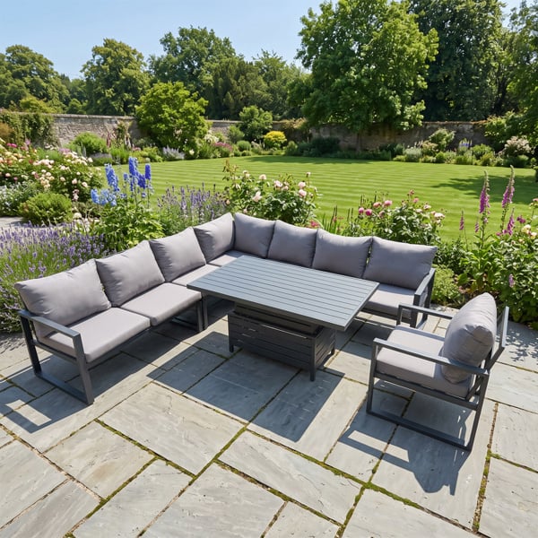Fimous 8 Seater Aluminium Garden Furniture Set with Adjustable Rising Dining Table, Corner Sofa & Chair - Dark Grey