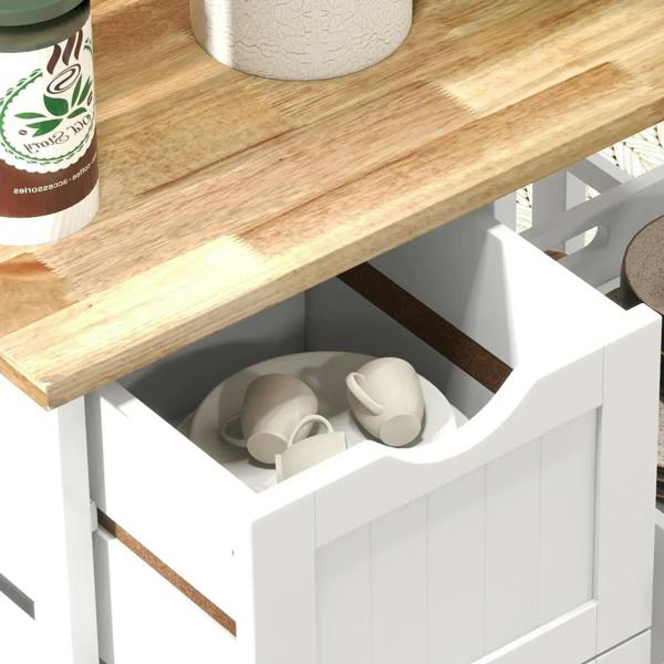 White cart with open drawer compartments under the wood tabletop.