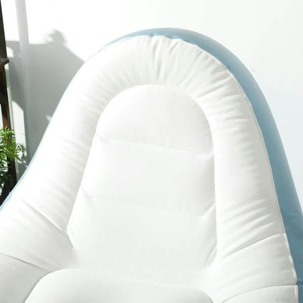Inflatable tub chair backrest with padded white interior and light-blue outer shell