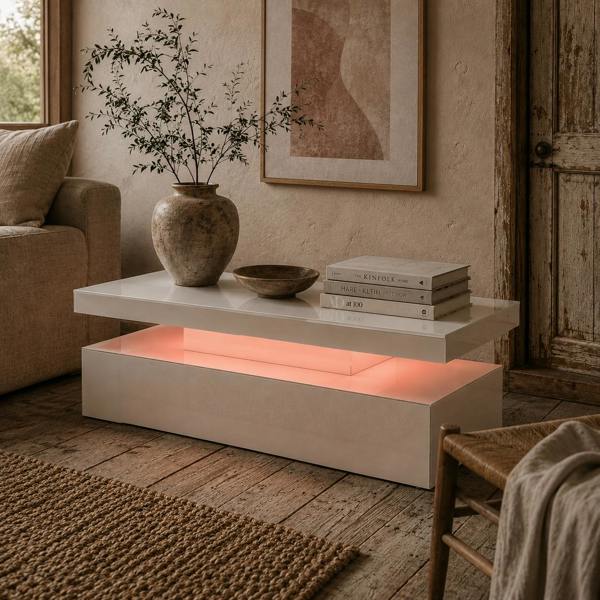 Wyld Haus Lomoyo cm High Gloss White LED Coffee Table With Integrated Storage