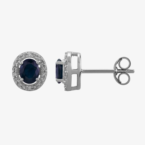 T. H. Baker 9ct White Gold Oval-cut Sapphire and Diamond Cluster Stud Earrings OJS0005E-BS