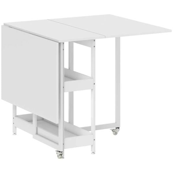 White drop-leaf dining table with fold-down side leaves and open storage shelves