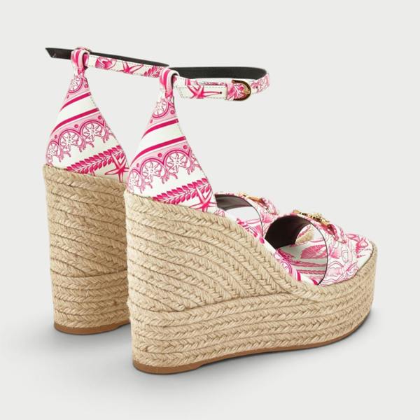 Supplied Fashion pink and white platform espadrilles with gold Medusa detail and woven jute wedge heel