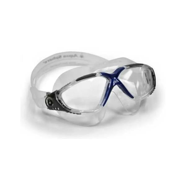 Clear blue Aqua Sphere Vista goggles with durable plexisol lens