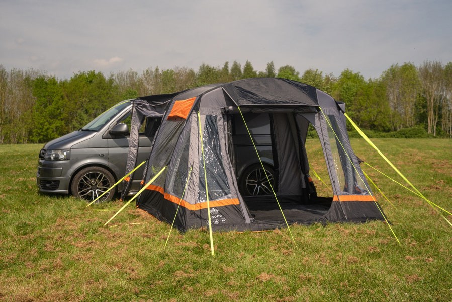 The open front door & fly mesh of a Loopo Breeze® v2 Inflatable Campervan Awning by OLPRO imageset:Charcoal