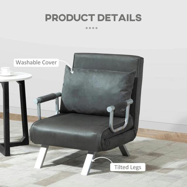 Grey chair bed with washable cover and tilted legs, armrest frame