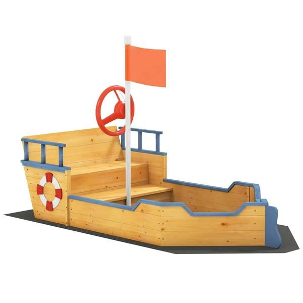 Kids pirate ship sandbox with bench, blue walls, red wheel, orange flag, wooden base
